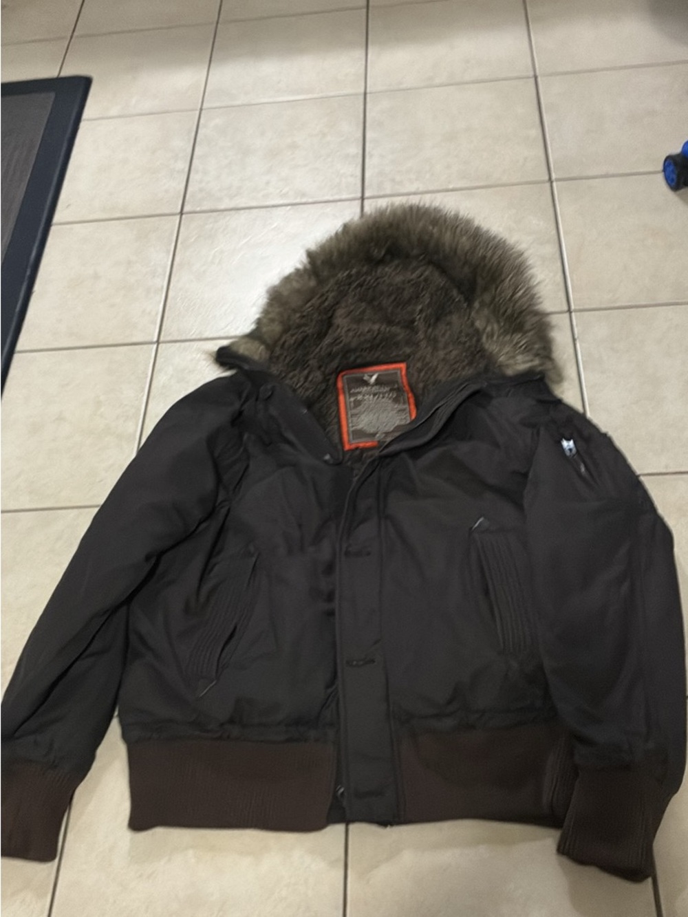Vintage y2k American eagle outfitters Men's Brown Fur-Trim Hooded Bomber Jacket